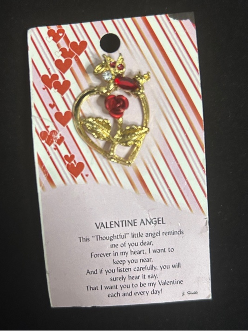 Gold-tone Valentine Angel Heart Brooch with Red Accents